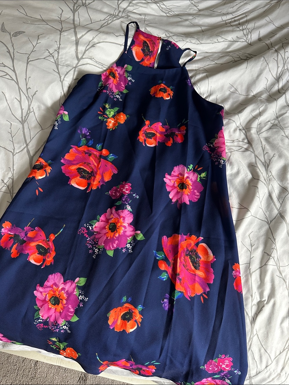 Girls Navy Floral Halter Dress - Pink & Orange Flowers